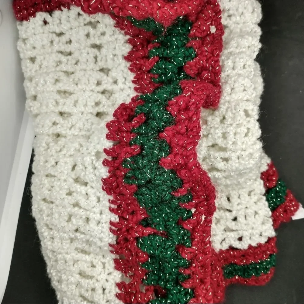 Hand Crafted Table Runner Crochet Long Sparkling Rectangle 62 inch White Red